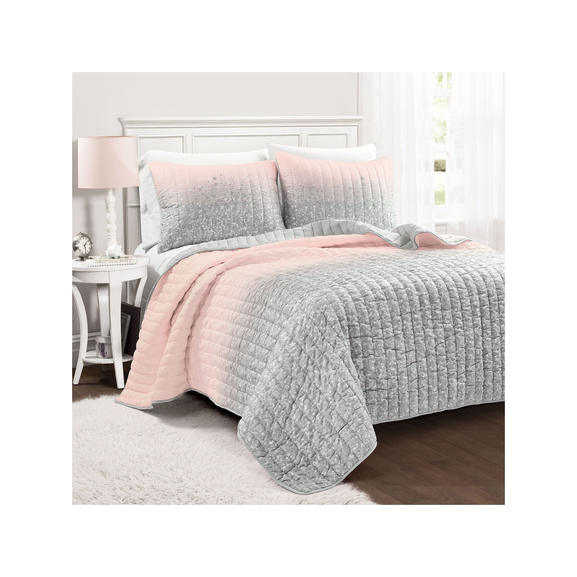 Lush Decor Glitter Ombre Metallic Print Quilt Set with Shams, Blush Gray