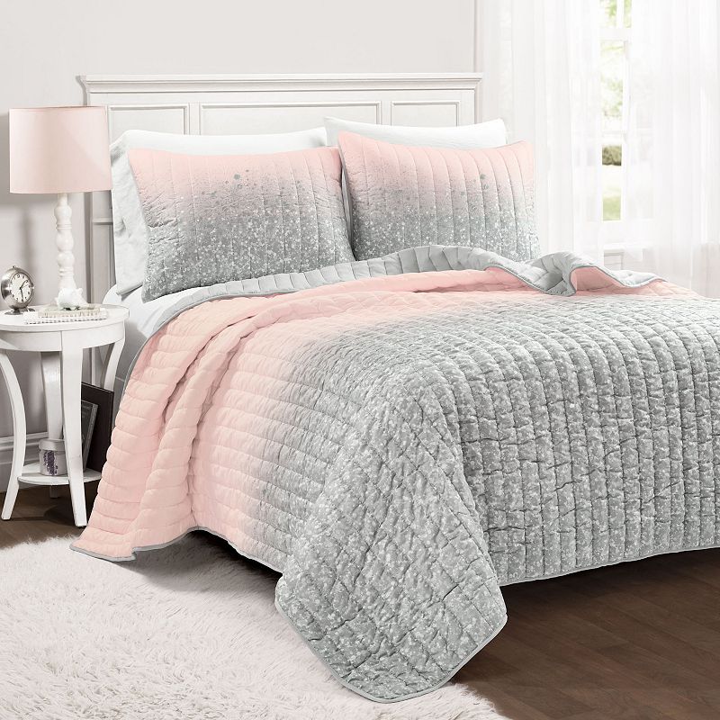 Lush Decor Glitter Ombre Metallic Print Quilt Set with Shams, Pink, Full/Qu