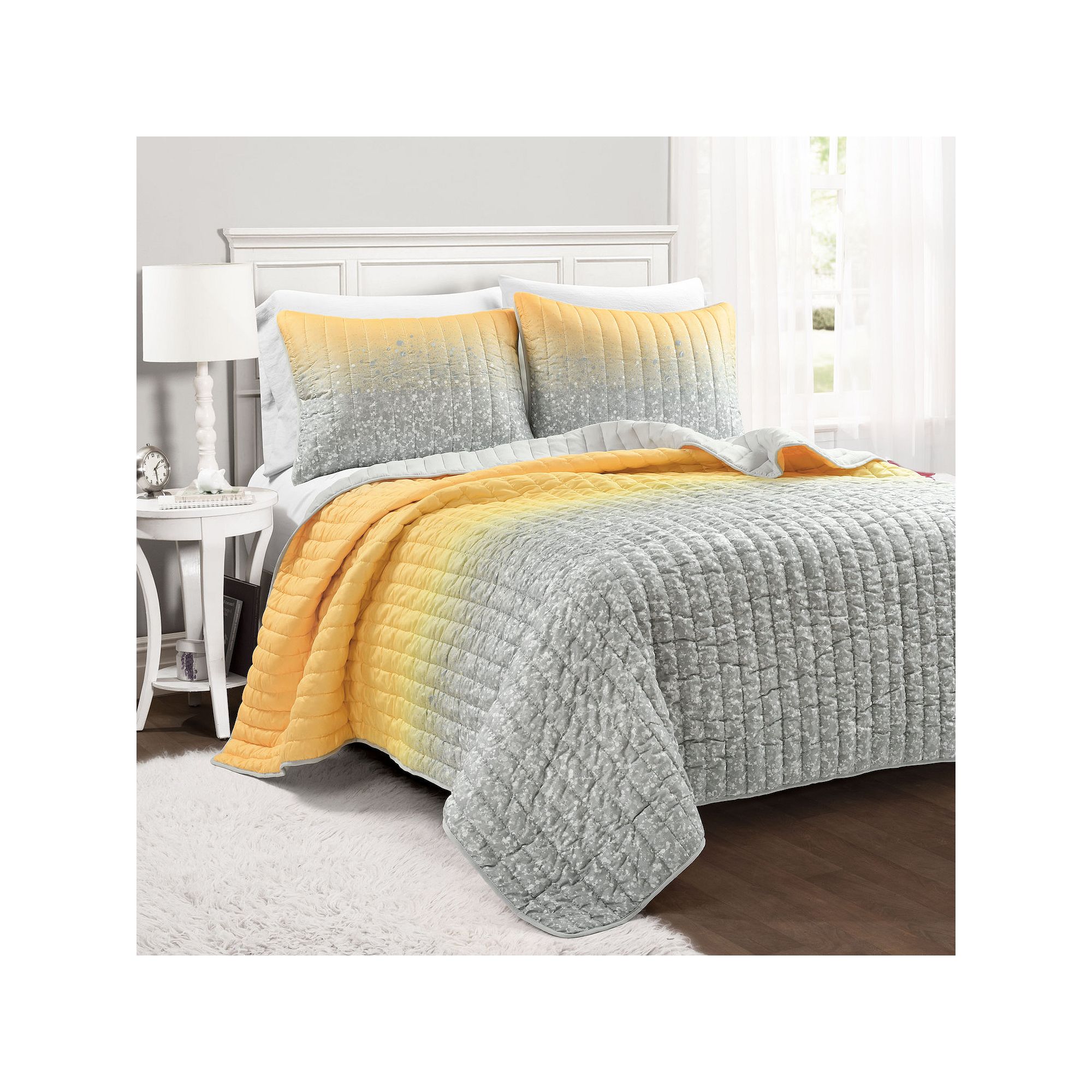 Lush Decor Glitter Ombre Metallic Print Quilt Set with Shams, Yellow Gray