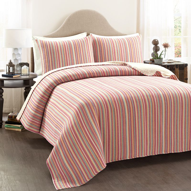 Lush Decor Tracy Stripe Pick stitch Kantha Yarn Dyed Cotton Woven Quilt Set