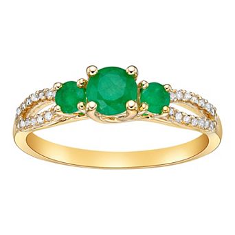Gemminded 10k Gold 1/8 Carat T.W. Diamond & Emerald 3-Stone Ring