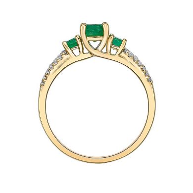 Gemminded 10k Gold 1/8 Carat T.W. Diamond & Emerald 3-Stone Ring