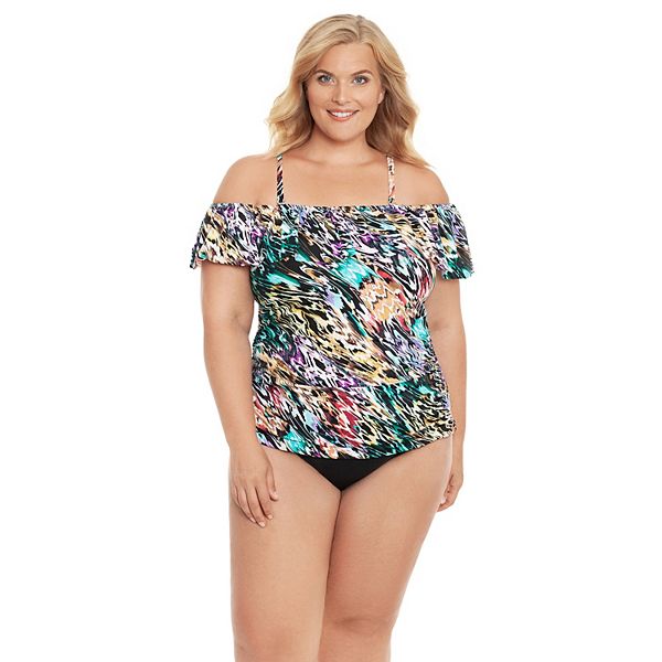 Plus Size PB Sport Print Off-The-Shoulder Tummy Control Tankini Top