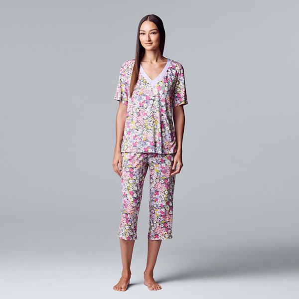 Women's Simply Vera Vera Wang Cozy Short Sleeve Pajama Shirt and Capri  Pajama Pants Sleep Set