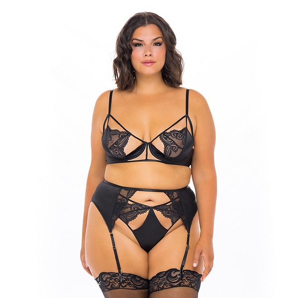 Plus Size Oh La La Cheri Ivy Underwire Lace Bra Garter Belt Panty Set 41 11608X