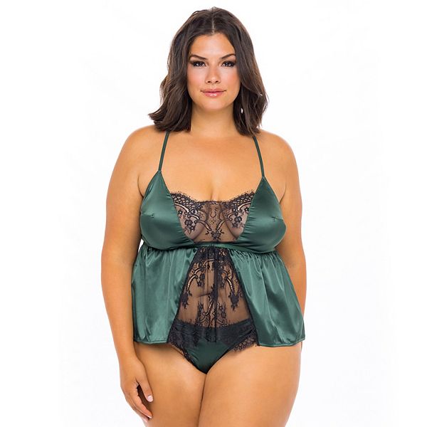 Plus Size Oh La La Cheri Cammi Eyelash Lace Satin Cami Tanga Panty Set LO 11623X