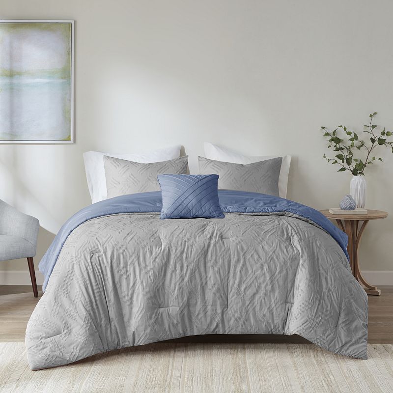 Madison Park Harlow Cotton Comforter Set with Throw Pillow, Blue, Full/Quee