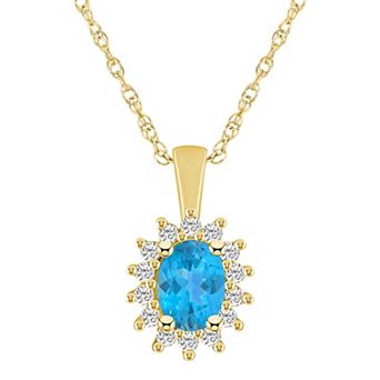 Alyson Layne 14k Gold Oval Blue Topaz & 1/3 Carat T.W. Diamond Halo Pendant Necklace