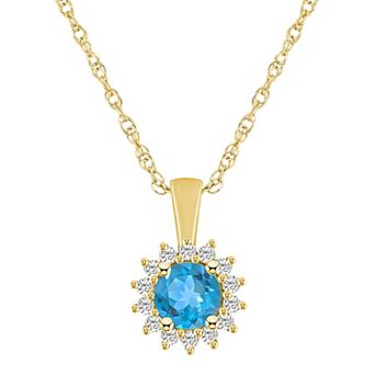 Alyson Layne 14k Gold Round Blue Topaz & 1/4 Carat T.W. Diamond Halo Pendant Necklace