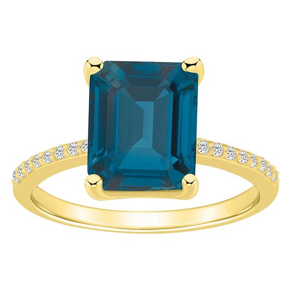 7 Ct Emerald Cut London Blue Topaz and Diamond Ring 14k Yellow Gold Over 