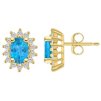 Alyson Layne 14k Gold Oval Blue Topaz & 1/2 Carat T.W. Diamond Halo Stud Earrings