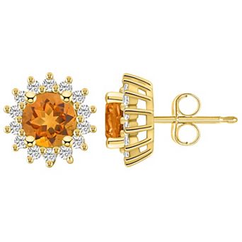 Alyson Layne 14k Gold Round Citrine 1/2 Carat T.W. Diamond Halo Stud Earrings