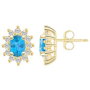 Alyson Layne 14k Gold Oval Blue Topaz 3/4 Carat T.W. Diamond Halo Stud Earrings