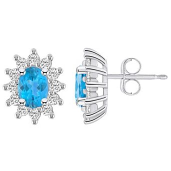 Alyson Layne 14k White Gold Oval Blue Topaz 3/4 Carat T.W. Diamond Halo Stud Earrings