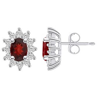 Alyson Layne 14k White Gold Oval Garnet 3/4 Carat T.W. Diamond Halo Stud Earrings