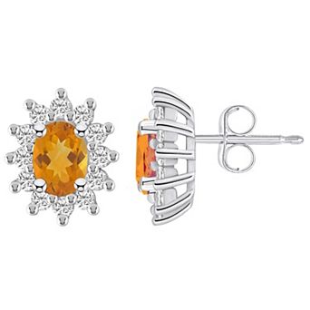 Alyson Layne 14k White Gold Oval Citrine 3/4 Carat T.W. Diamond Halo Stud Earrings