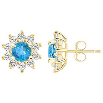 Alyson Layne 14k Gold Round Blue Topaz 1 1/5 Carat T.W. Diamond Halo Stud Earrings