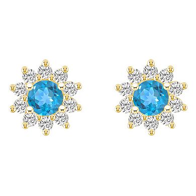 Alyson Layne 14k Gold Round Blue Topaz 1 1/5 Carat T.W. Diamond Halo Stud Earrings