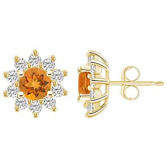 Alyson Layne 14k Gold Round Citrine 1 1/5 Carat T.W. Diamond Halo Stud Earrings