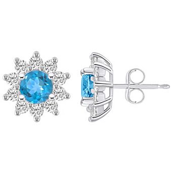 Alyson Layne 14k White Gold Round Blue Topaz 1 1/5 Carat T.W. Diamond Halo Stud Earrings