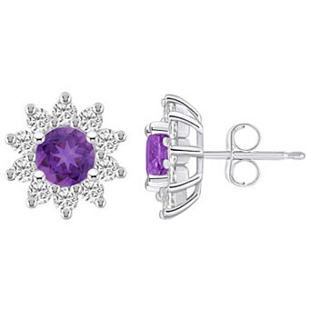 Alyson Layne 14k White Gold Round Amethyst 1 1/5 Carat T.W. Diamond Halo Stud Earrings