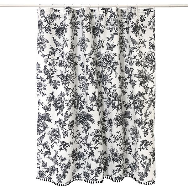 1pc Black Floral Printed Shower Curtain With Hooks, No Drilling Required