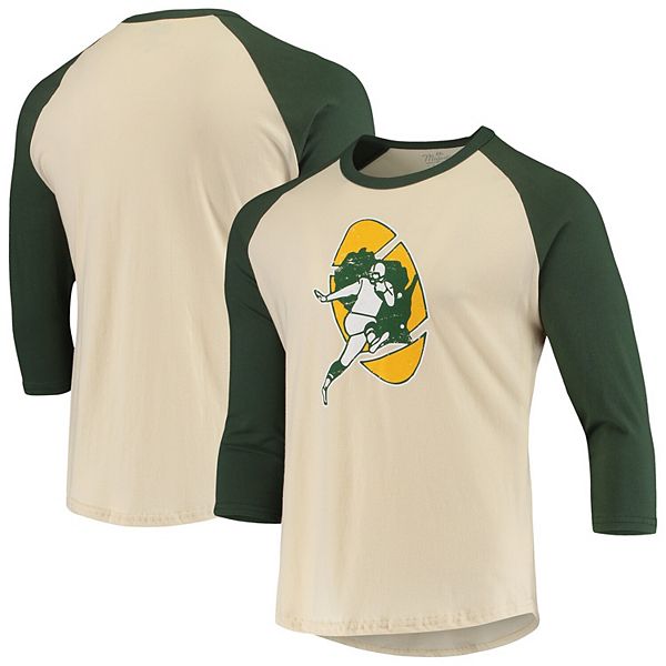 Men's Majestic Threads Cream/Green Green Bay Packers Gridiron Classics  Raglan 3/4-Sleeve T-Shirt