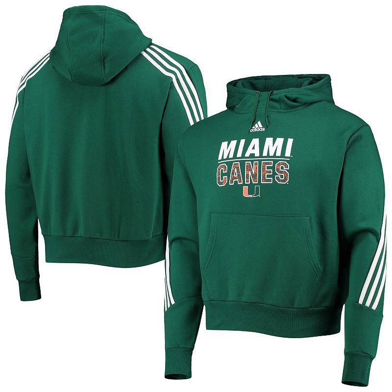 Mens adidas Green Miami Hurricanes 3-Stripe Pullover Hoodie, Size: XL, MIA