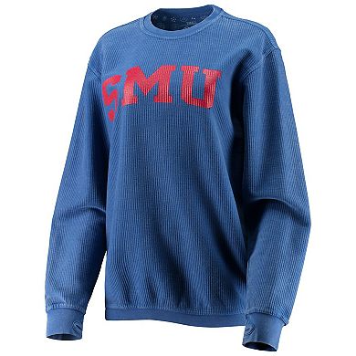 Women's Pressbox Royal SMU Mustangs Comfy Cord Vintage Wash Basic Arch Pullover Sweatshirt