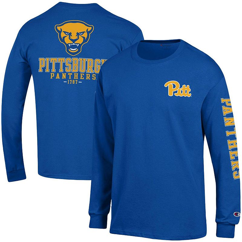 Mens Champion Royal Pitt Panthers Team Stack Long Sleeve T-Shirt, Size: La