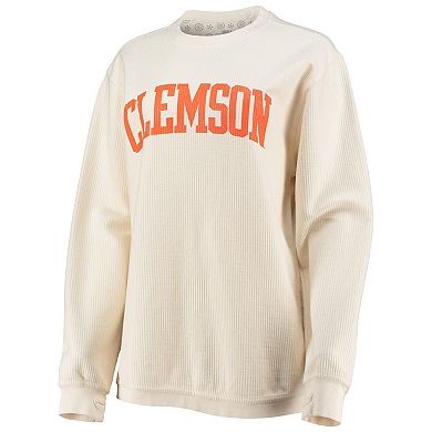 Women's Pressbox White Clemson Tigers Comfy Cord Vintage Wash Basic Arch Pullover Sweatshirt