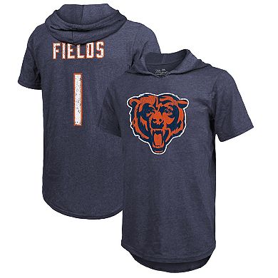 Men's Majestic Threads Justin Fields Navy Chicago Bears Player Name & Number Tri-Blend Slim Fit Hoodie T-Shirt