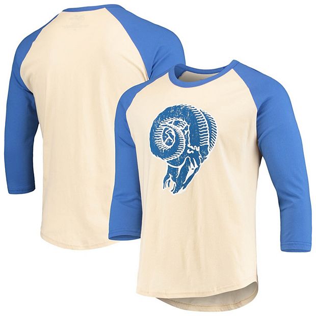 Men's Majestic Threads Cream/Royal Los Angeles Rams Gridiron Classics  Raglan 3/4-Sleeve T-Shirt