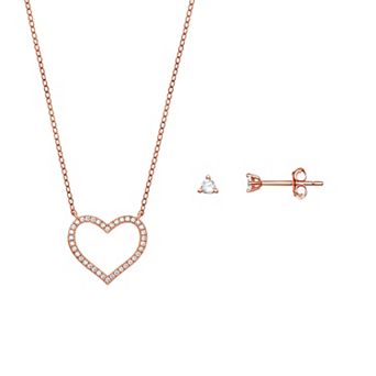 PRIMROSE 18k Gold Over Silver Cubic Zirconia Open Heart Necklace & Stud Earring Set