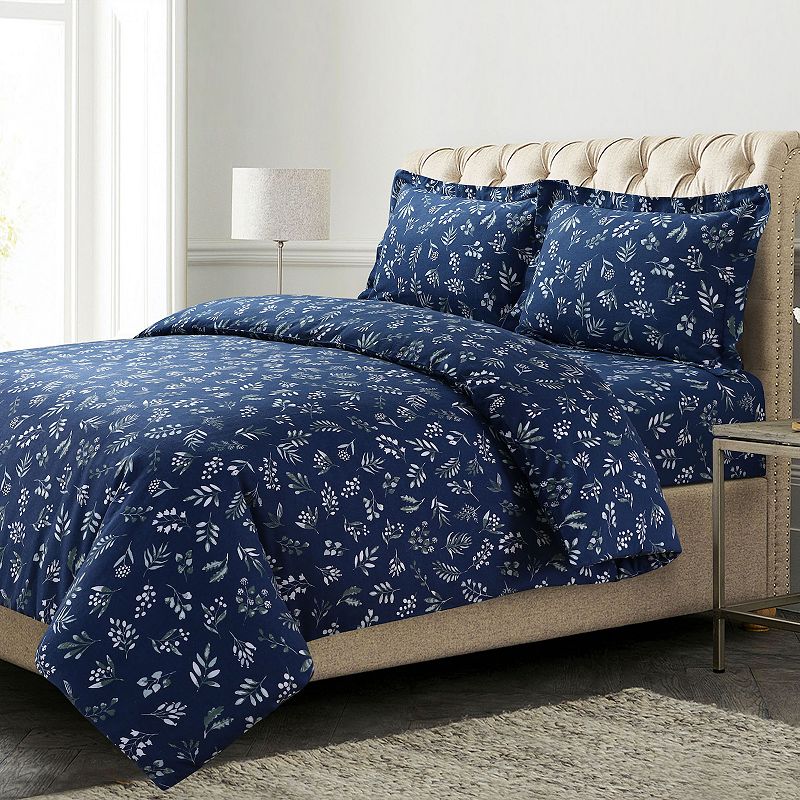 Azores Home Eva Floral Flannel Oversized Duvet Cover Set with Shams, Blue, 