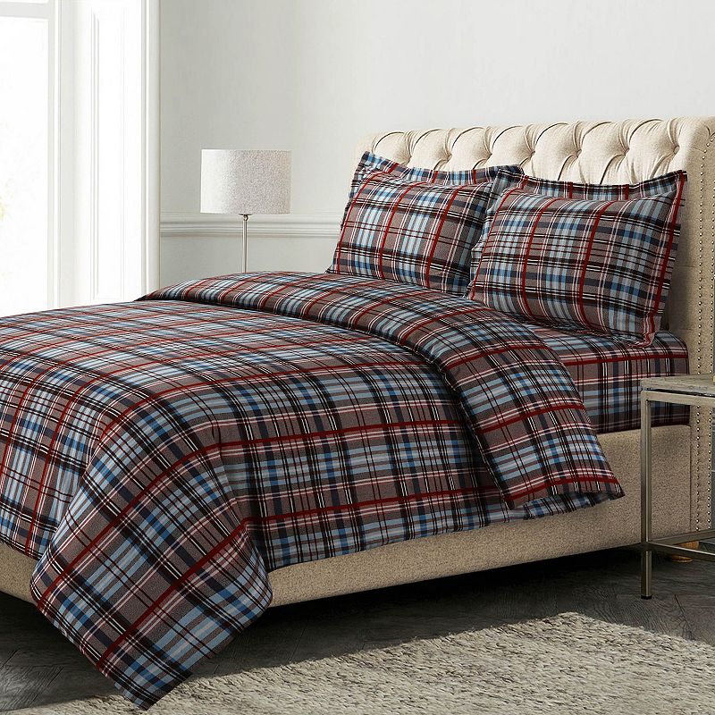 Azores Home Brentwood Plaid Flannel Oversized Duvet Cover Set with Shams, B