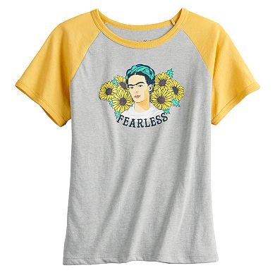 Juniors' Fearless Frida Kahlo Short Sleeve Raglan Tee