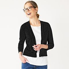 JM Collection Petite Open-Front Button-Sleeve Cardigan. Large. Deep Black