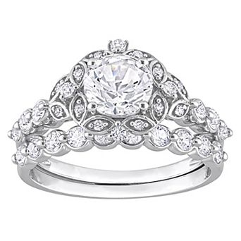 Stella Grace 10K White Gold Lab Created White Sapphire and Diamond Accent Vintage Bridal Ring Set