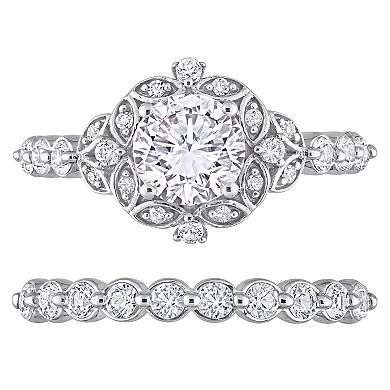 Stella Grace 10K White Gold Lab Created White Sapphire and Diamond Accent Vintage Bridal Ring Set