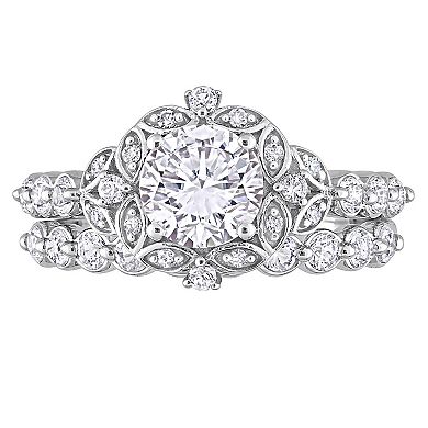 Stella Grace 10K White Gold Lab Created White Sapphire and Diamond Accent Vintage Bridal Ring Set