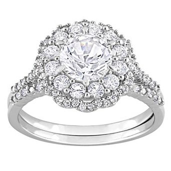 Stella Grace 10K White Gold Lab Created White Sapphire and 1/10 carat T.W. Diamond Halo Bridal Ring Set