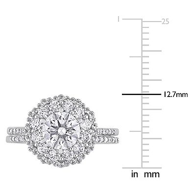 Stella Grace 10K White Gold Lab Created White Sapphire and 1/10 carat T.W. Diamond Halo Bridal Ring Set