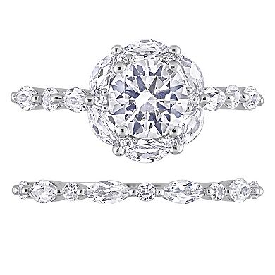 Stella Grace 10K White Gold Lab Created White Sapphire and Diamond Accent Halo Bridal Ring Set