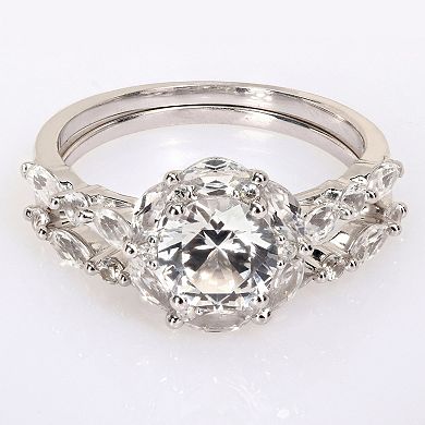 Stella Grace 10K White Gold Lab Created White Sapphire and Diamond Accent Halo Bridal Ring Set
