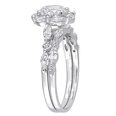 Stella Grace 10K White Gold Lab Created White Sapphire and Diamond Accent Halo Bridal Ring Set