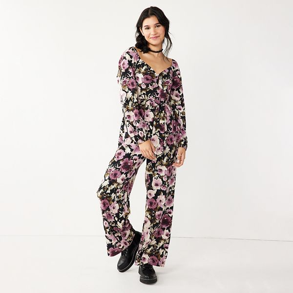 Juniors' Lily Rose Wide Leg Side-Tie Floral Jumpsuit