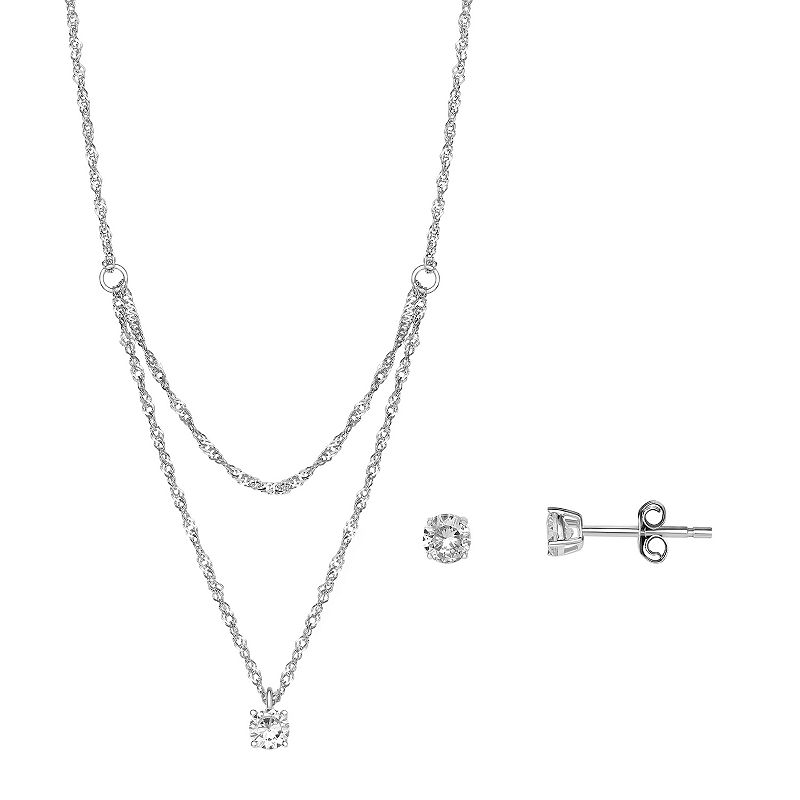 PRIMROSE Sterling Silver Cubic Zirconia Earrings & Double Layered Necklace 