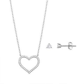 PRIMROSE Sterling Silver Cubic Zirconia Earring & Open Heart Necklace Set