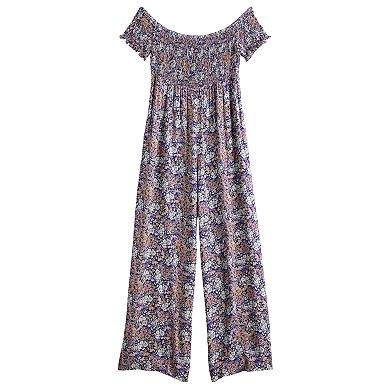 Juniors' Rewind Smocked Off-The-Shoulder Jumpsuit